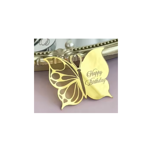 Happy Birthday Butterfly Acrylic Topper Disc - Gold 6cm