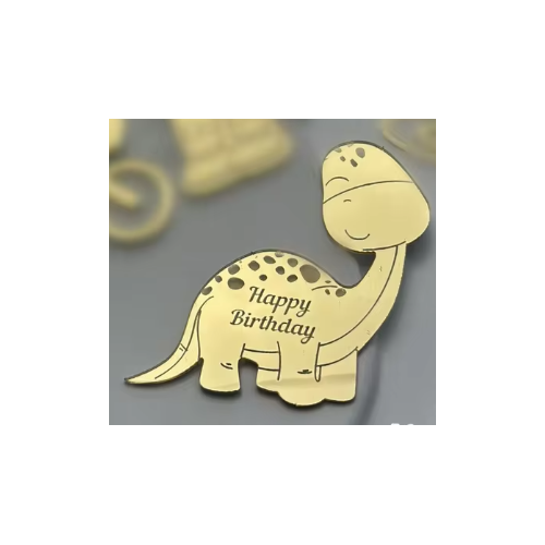 Happy Birthday Dinosaur Acrylic Topper Disc - Gold 6cm